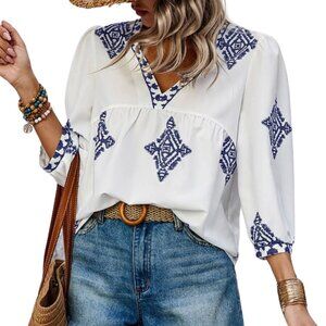 Royal Blue & White Boho Shirt Geometric Print 3/4 Sleeve Blouse S-XL Deep V Neck